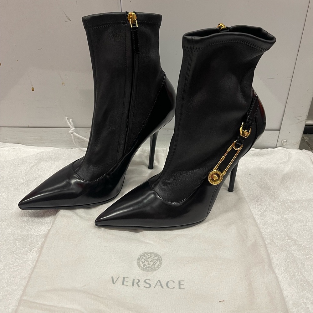 Black leather Versace sock boots